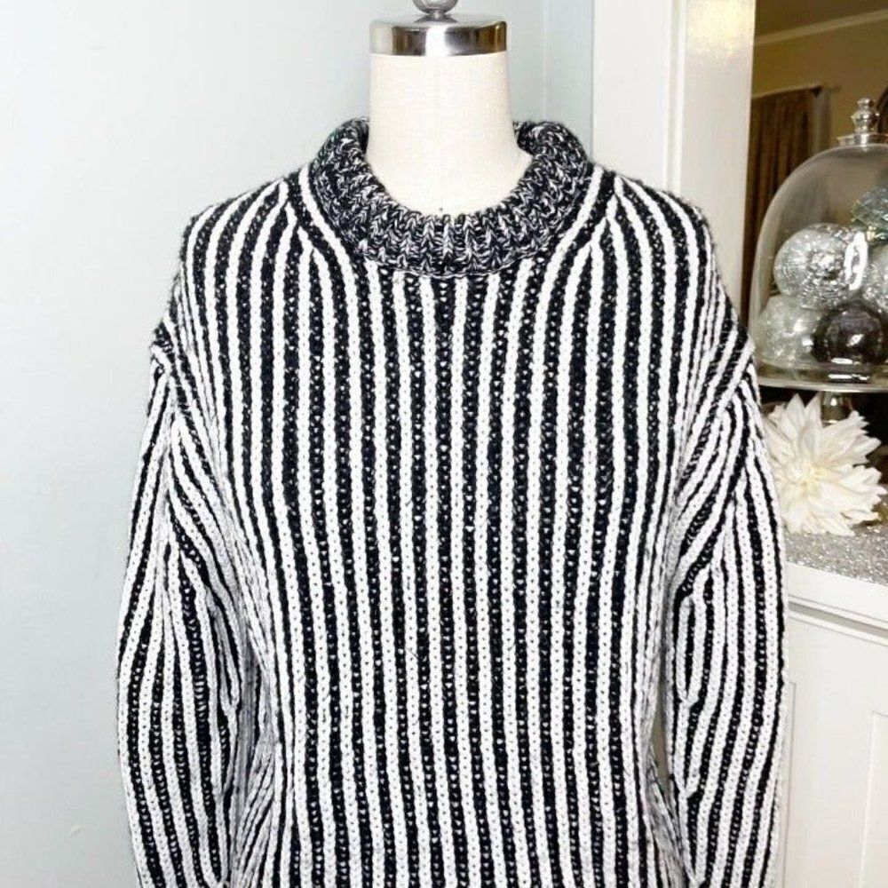 Elizabeth & James Striped Chunky Knit Crewneck Sweater Black White Small - Picture 3 of 11